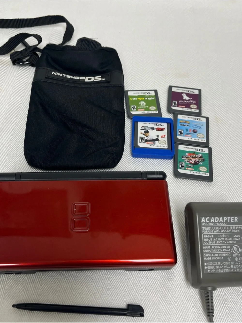 Nintendo DS Lite Crimson Red Handheld System 5 Games, Case, Charger